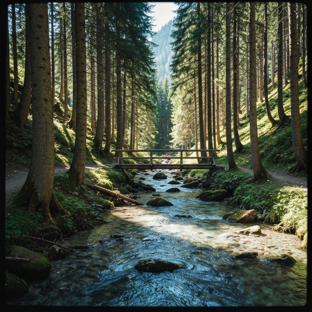 Clean mountain stream through alpine forest